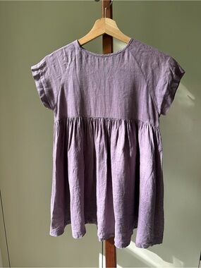 Kids’ Linen Lavender Short-Sleeve Gathered Dress